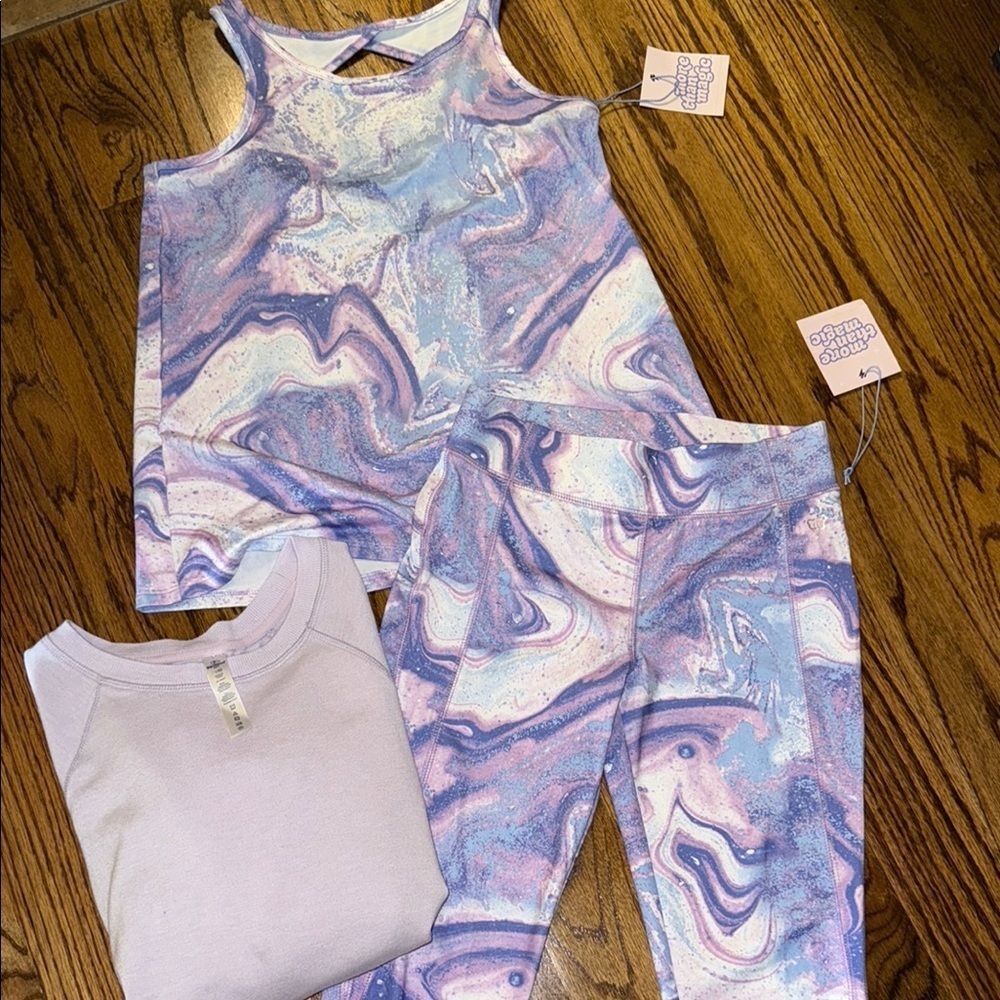 More Than magic, purple marble tank and legging set & sweatshirt size large NWT